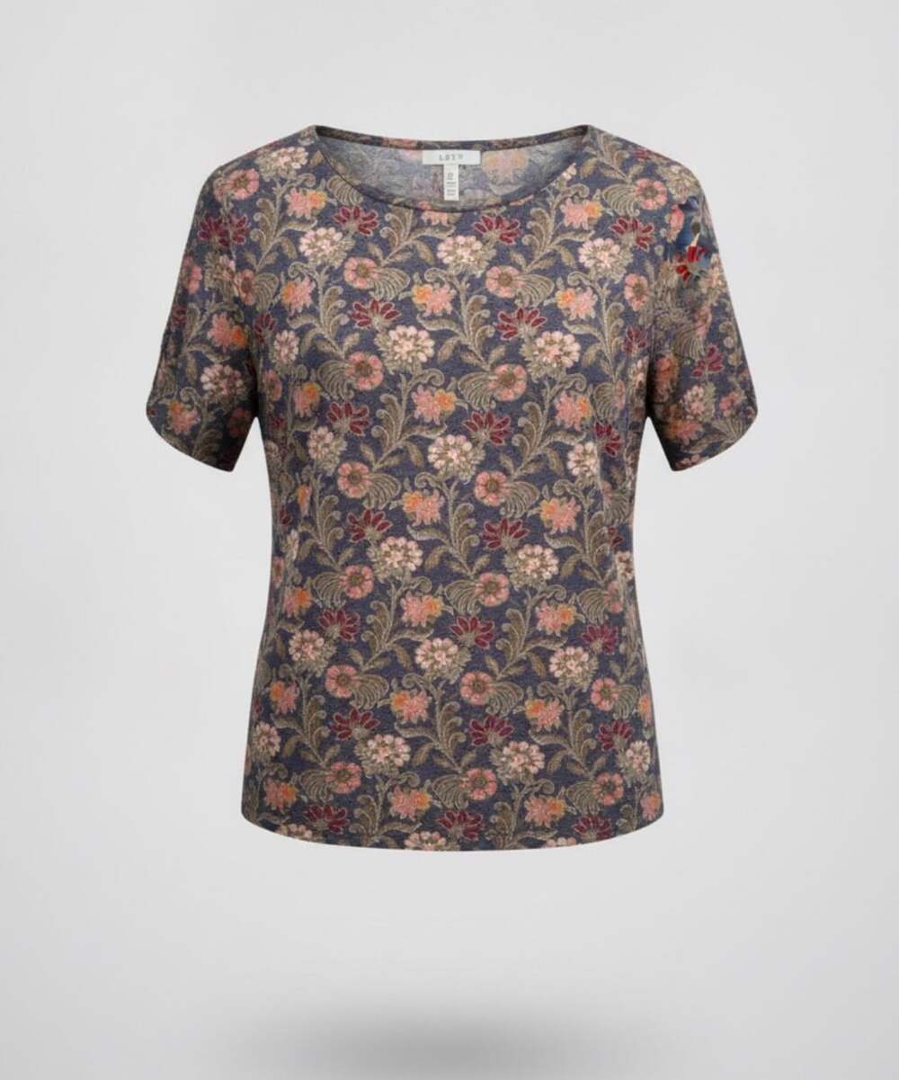 LOFT Vintage Soft Floral T-Shirt Size L Navy Pink Short Sleeve